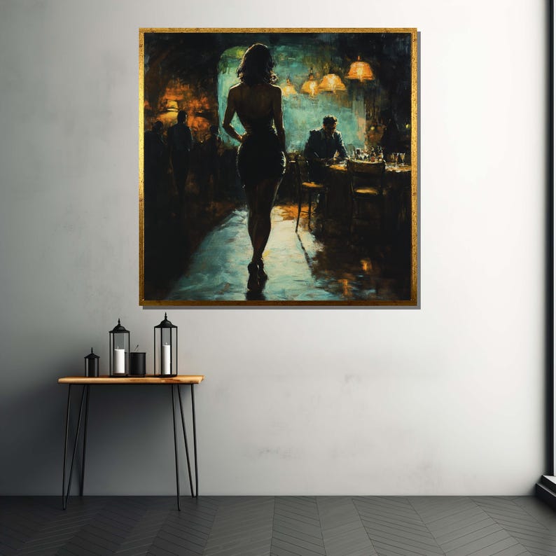 Puede incluir: Una pintura de una mujer con un vestido negro caminando lejos de un hombre sentado en una mesa en una habitaci&oacute;n con poca luz. La mujer est&aacute; silueteada contra un fondo azul verdoso, y el hombre est&aacute; silueteado contra un fondo amarillo anaranjado. La pintura est&aacute; enmarcada en oro.