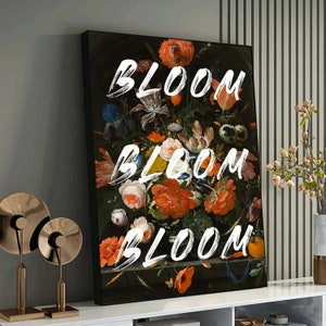 Lienzo de declaración audaz de serenidad floral, arte de pared de ramo elegante, impresión de decoración del hogar, póster de cita inspiradora, listo para colgar