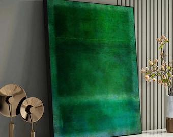 May include: Abstract painting with a green background and a black frame. The painting has a textured look and is divided into two sections by a thin line.