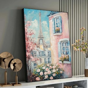 Romantic Paris Eiffel Tower Painting, Springtime Floral French Balcony Art, Pastel Cityscape Wall Décor, Parisian Home Decoration