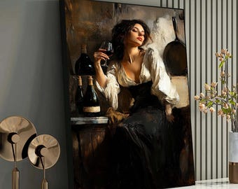 Elegant Woman with Wine Painting, Vintage Style Art, Classy Wine Lover's Wall Decor, Romantic Wine Art, Sophisticated Wine Gift