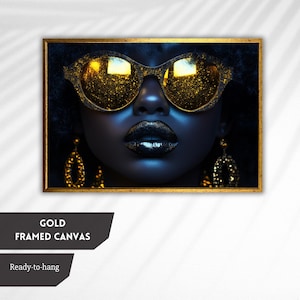 Afro Futuristic Portrait with Gold Sunglasses, Black Glamour Art, Bold Afrocentric Wall Decor, Modern Digital Art for Trendy Spaces