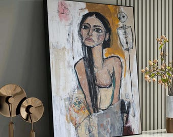Abstraktes Frauenporträt, ausdrucksstarke Leinwandkunst, moderne weibliche Figur, zeitgenössisches emotionales Kunstwerk, einzigartiges Gesc