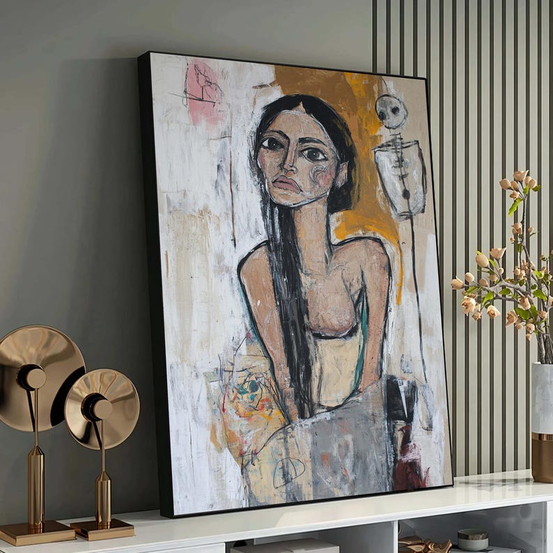 May include: Abstract painting of a woman with long black hair, wearing a green and white dress, with a skeleton figure in the background. The painting is done in a mixed media style with a variety of colors and textures.