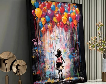 Impresión en lienzo de globos de colores, arte callejero abstracto, grafiti, pintura de Banksy, obra de arte urbana, arte mural inspirador, Sueño de un niño