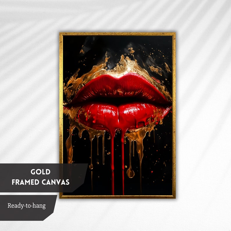 Luxurious Red Lips Art Print - Bold Lipstick Wall Art, Gold Drip Mouth ...