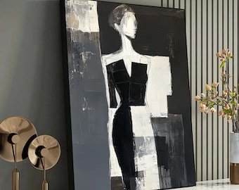 May include: Black and white abstract painting of a person wearing a black dress. The painting is done in a textured style with bold brushstrokes.