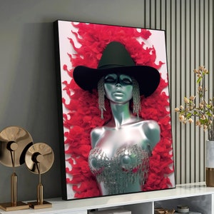 Futuristische 3D-Frau mit metallischen Akzenten und purpurroter Blumenverzierung - Avantgarde Kunst für eine moderne Einrichtung