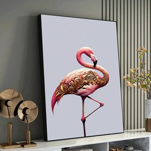 Ornate Elegance: Exquisite Baroque-Inspired Pink Flamingo Illustration - Fine Art Print for Sophisticated Home Decor, Animal Decor