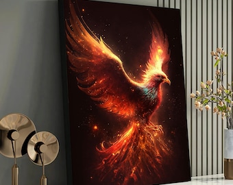 Majestic Phoenix Rising Art Canvas Print,Mythical Fire Bird Wall Art for Fantasy Decor, Symbol of Rebirth and Renewal,Vibrant Phoenix Art
