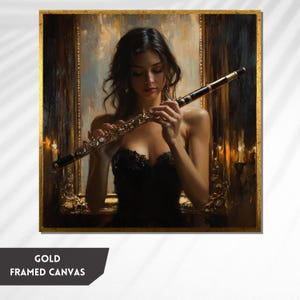 Elegant Woman with Flute Art, Classical Music Painting, Romantic Wall Art for Music Lovers, Vintage Decor, Gift for Musicians