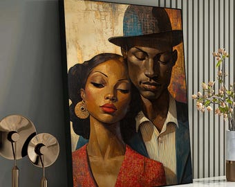 Vintage Romantic Couple Portrait, African American Love Art, Afro Style Wall Decor,Emotional Love and Romance Themed Painting for Home Decor