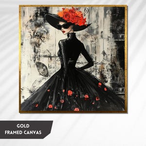 Chic Lady in Black Dress Canvas, Elegant Fashion Wall Art, Red Floral Accents, Modern Glam Decor, Perfect Gift for Fashion Lovers