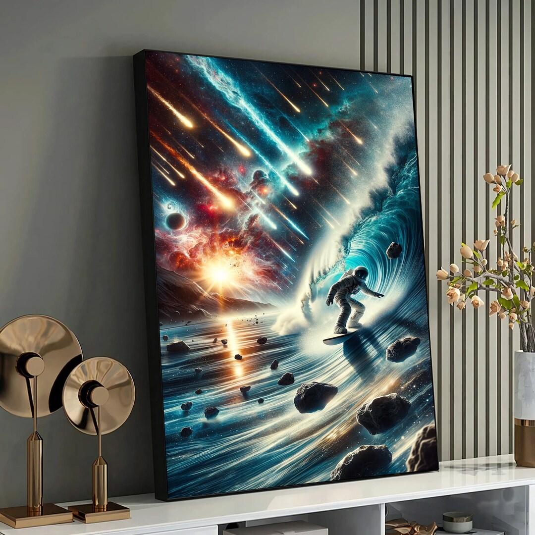 Astronaut Cosmic Wave Surfing Canvas Art - Space Wall Decor, Surreal ...