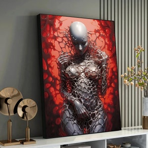 May include: A digital art print of a gray figure with a web-like pattern covering their body. The figure is standing against a red background with a swirling pattern.
