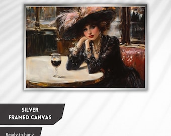 Elegant Lady in Vintage Parisian Cafe, Romantic Victorian Art, Classic Glamour Painting for Vintage Home Decor, French Style Art