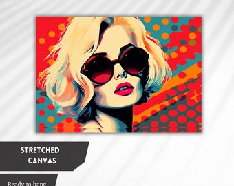 Retro Pop Art Style Woman Canvas Print - Bold Colorful Fashion Wall Art, Vintage Inspired Pop Culture Portrait, Stylish Sunglasses Artwork
