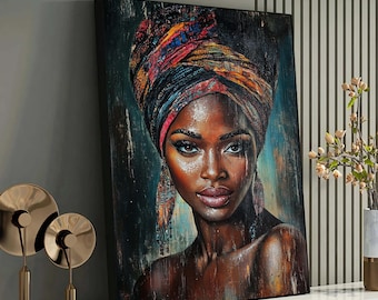 Vibrant African Woman Portrait, Colorful Headwrap Art, Ethnic Beauty Painting, Afrocentric Wall Decor, Bold Cultural Art, Black Woman Art