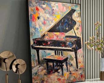 May include: A colorful abstract painting of a black grand piano with the lid open. The piano is on a stage with a stool in front of it. The background is a mix of bright colors, including pink, blue, yellow, and green.