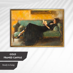 Elegant Lady Reading on Green Sofa – Vintage Feminine Art, Relaxing Literary Wall Decor, Cozy Victorian Style Home Decor