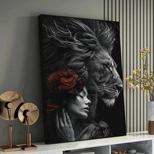 Lion and Woman Canvas Art - Ready-to-Hang Lion Portrait - Contemporary Lion Decor-Office - Ideal Gift for Lion Lovers,Ready to Hang Painting