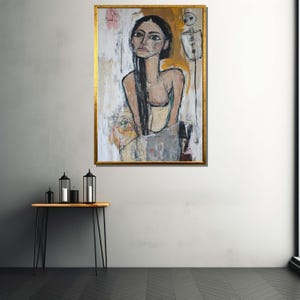 May include: A painting of a woman with long dark hair, wearing a light colored dress, with a skeleton figure behind her. The painting is done in a loose, expressive style with a lot of texture and layering. The colors are muted and earthy, with hints of gold and green.