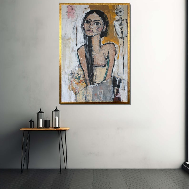 May include: A painting of a woman with long dark hair, wearing a light colored dress, with a skeleton figure behind her. The painting is done in a loose, expressive style with a lot of texture and layering. The colors are muted and earthy, with hints of gold and green.