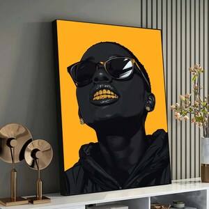 Retrato Afrocentrado Ousado com Grill Dourado, Arte Urbana, Pop Art Preto e Dourado Vibrante, Decoração Moderna Afro-Pop para Parede