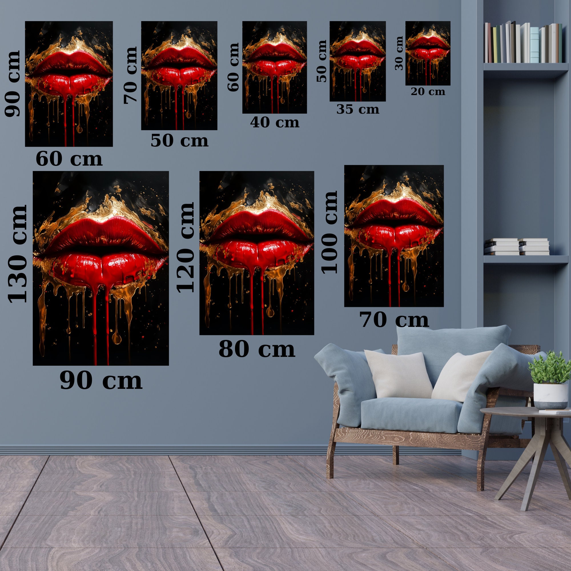 Luxurious Red Lips Art Print - Bold Lipstick Wall Art, Gold Drip Mouth ...