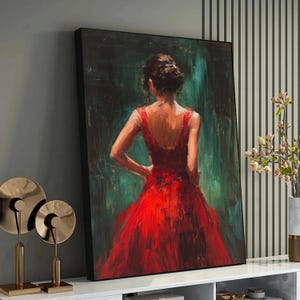 Woman Portrait Canvas, Impressionist Style Art Print, Feminine Wall Decor, Classic Red Gown Artwork, Romantic Gift