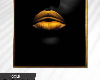 Golden Lips Art, tela minimalista nera e oro, decorazione da parete Glam Lip, decorazione moderna ed elegante per la casa, arte di lusso ispirata alla moda