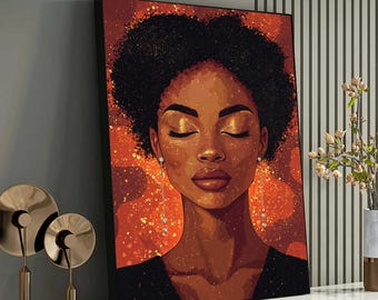 May include: A digital painting of a woman with dark brown skin and long black hair. She is wearing long gold earrings and has her eyes closed. The background is a warm orange color with gold glitter.