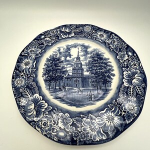 Vintage Liberty Blue Staffordshire Blue & White Independence Hall 10&quot; Plate