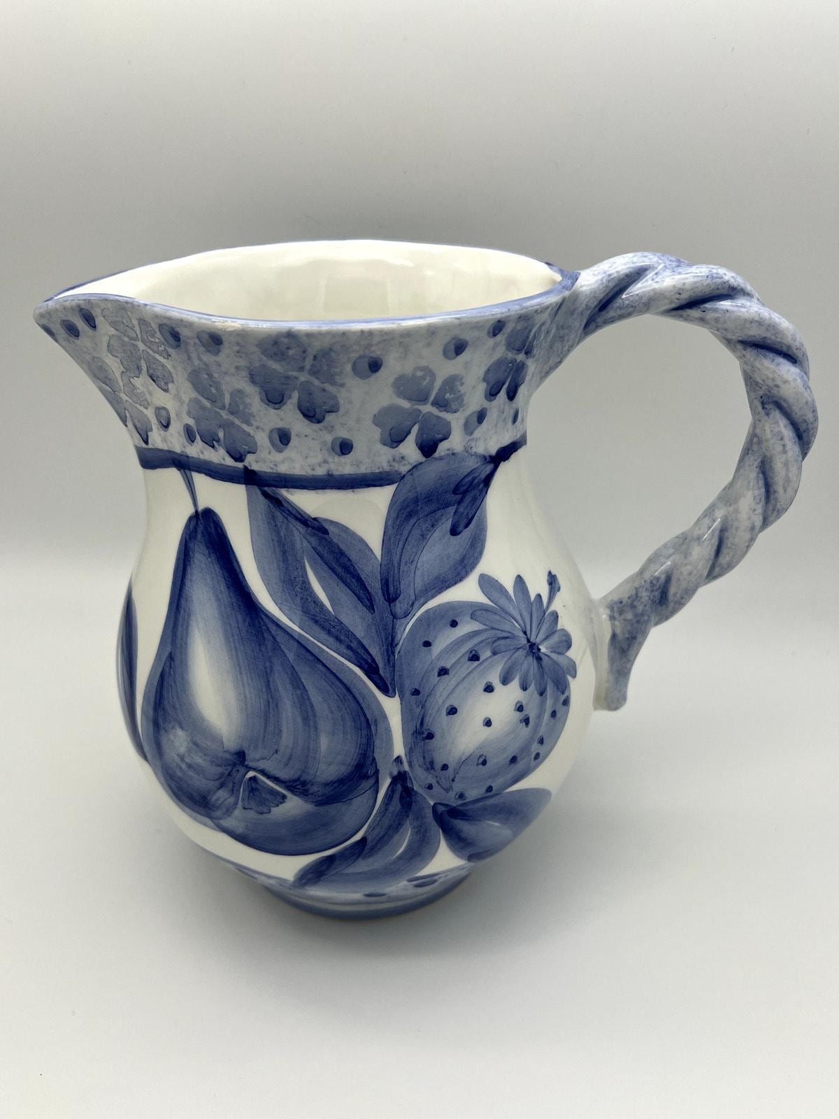 Tuscan Italian Blue & White Hand Painted Ceramic Glazed Pitcher Jug ...