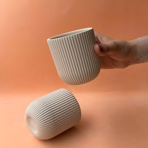 Può includere: Due vasi in ceramica bianca con una texture a coste. I vasi sono di forma cilindrica e hanno una finitura liscia e opaca.