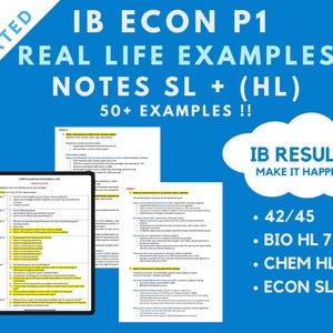 May include: A blue background with white text that reads "MOST UPDATED IB ECON P1 REAL LIFE EXAMPLES NOTES SL + (HL) 50+ EXAMPLES!!" and a white cloud with black text that reads "IB RESULTS MAKE IT HAPPEN!" with bullet points below that read "42/45", "BIO HL 7", "CHEM HL 7", "ECON SL 7". There are three images of documents with text on them.