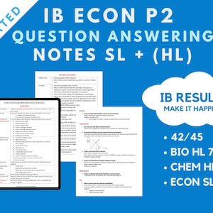 May include: A blue background with white text that reads "IB ECON P2 QUESTION ANSWERING NOTES SL + (HL)".  There are three pages of notes visible on a tablet and a white stylus.  The text "IB RESULTS MAKE IT HAPPEN!" is in a white cloud on the right side of the image.  Below the cloud is a list of results: "42/45", "BIO HL 7", "CHEM HL 7", "ECON SL 7".