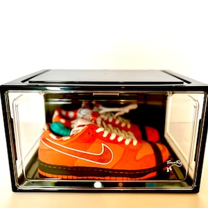 May include: A pair of orange and white trainers in a clear plastic shoe box with a black lid. The box has a label that says "Trainer R".
