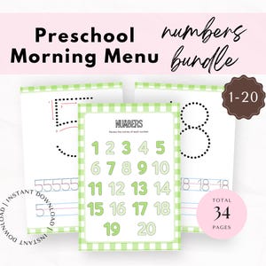 NUMBERS 1-20 Counting Practice, Preschool Morning Menu Printable, Homeschool Worksheet, Toddler, Morning Basket, Montessori, Charlotte Mason