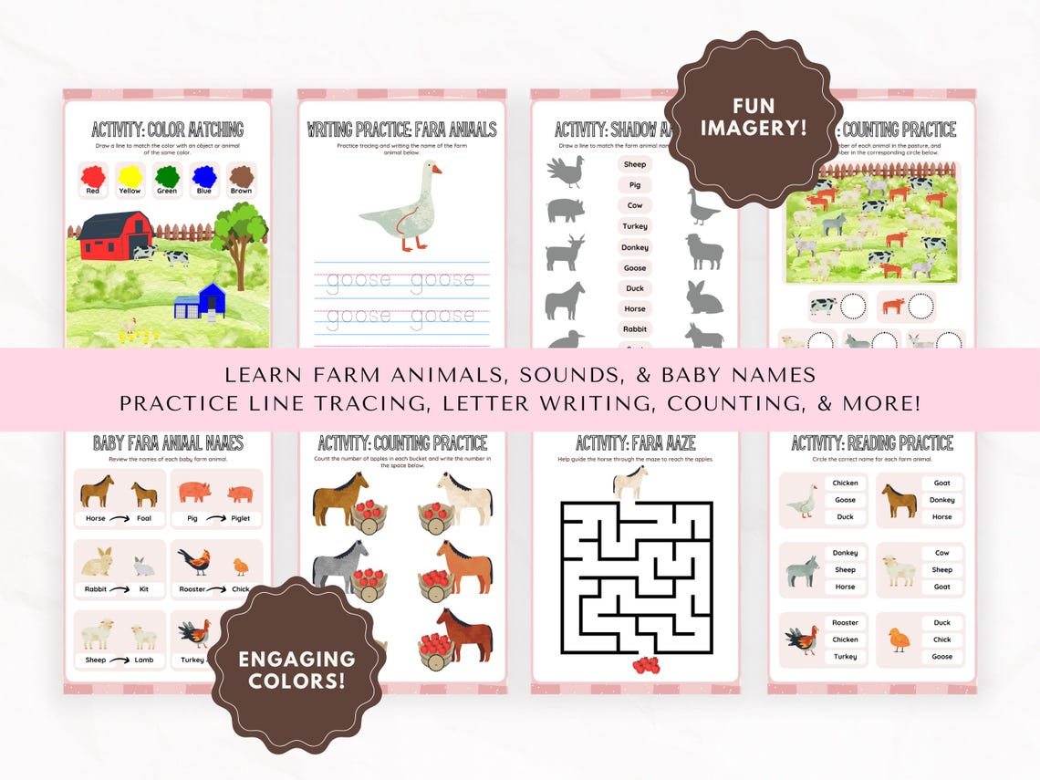 FARM ANIMALS Printable Activity Book, Toddler Busy Book, Learning ...
