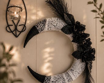 B&W Gothic Chic Moon Wreath | Moon Wreath | Wiccan Decor | 13" Wreath | Whimsigoth