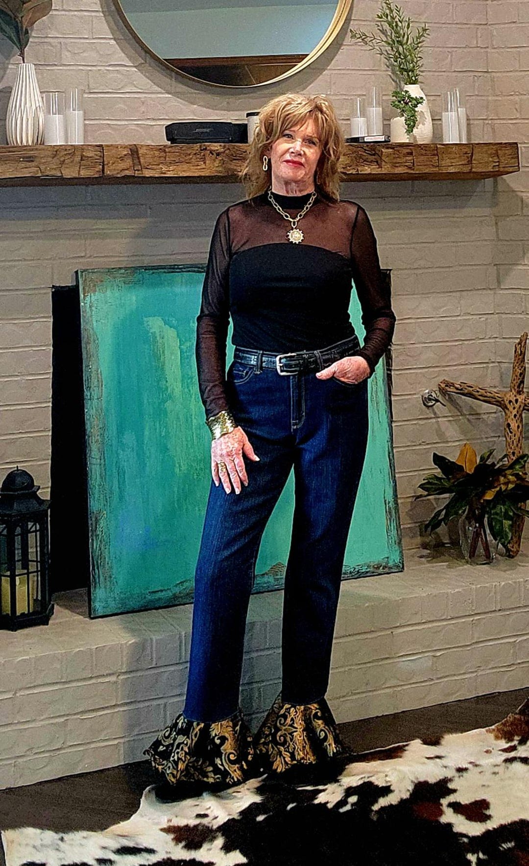 Upcycled Dark Denim Jeans With Black Gold Brocade Ruffle Cuff, Ankle ...
