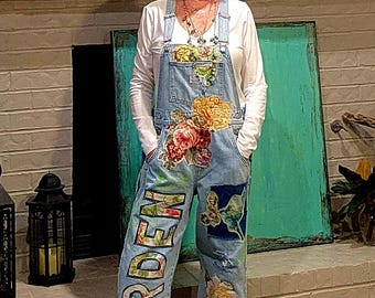 Rare Vintage Levi’s Overalls • Hand Embroidered Garden Theme • Floral Butterfly Bird Denim Patchwork • Wide Leg Relaxed Fit • Boho