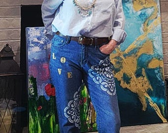 Upcycled Boho Bootcut Blue Jeans Hand-Painted with Mandalas LOVE - PEACE - Size 12