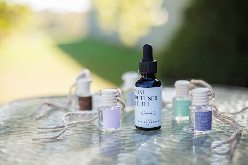 May include: A collection of mini diffuser refill bottles in various colors, including a black bottle with a dropper and a white label. The bottles are arranged on a reflective surface with a blurred green background. The text "Mini Diffuser Refill" is visible on the label.