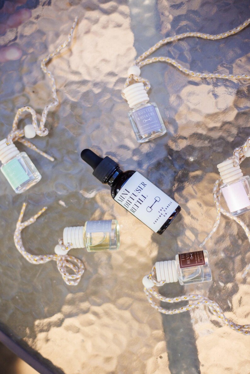 May include: An assortment of small glass diffuser bottles with white tops and attached cords. One bottle is black with a dropper and the text "Mini Diffuser Refill". Other bottles have labels with text like "Frosted Whiskers".