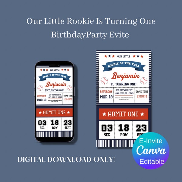 Rookie’s 1st Birthday Party Evite, Birthday Invitations for a One Year Old Boy, Baseball Themed Digital Evite, Baseball Ticket Party Evite