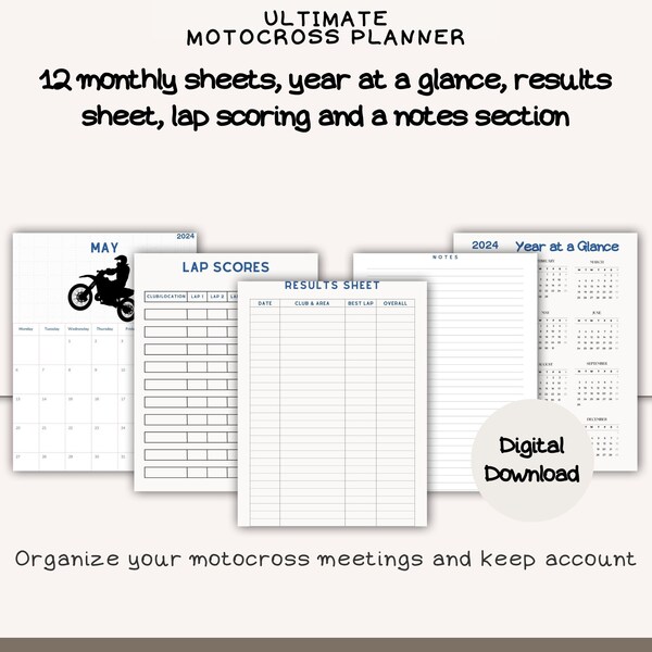 2024 Motocross Planner | 2024 Motocross Printable Calendar Sheets | 2024 MX Planner | 2024 Monthly MX Agenda | Dirt Bike Planner