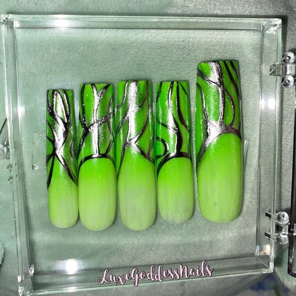 Ombre Neon Green Cyberpunk XL Square Press On Nails - Lime Wave Set - Lime Green Ombre Freestyle Silver Chrome Line Designs -Hand Drawn Art