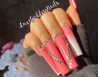 Pink Ombre Press On Nails: XL Square Bling French Lover Babe Set
